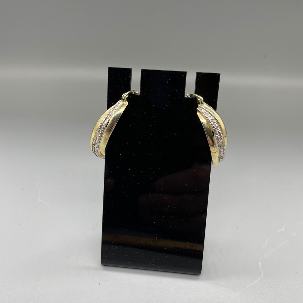 Two Tone Gold Silver Twisted Oval Hoop Earrings Pavé Crystal Accents 1 Inch